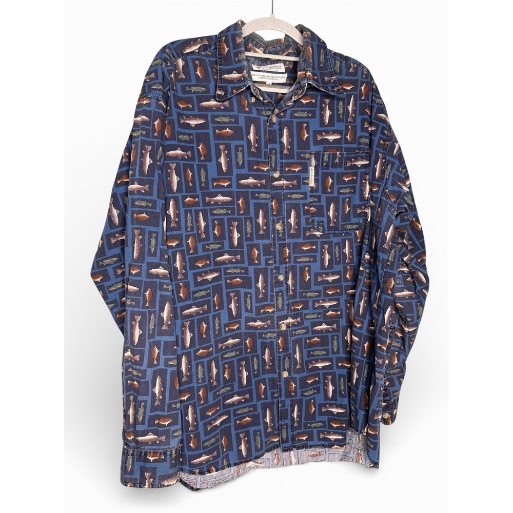 Columbia‎ sportswear cotton fish print navy blue buttons down long sleeve shirt